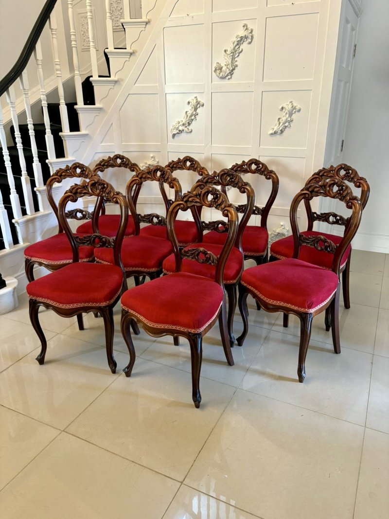 Outstanding Quality Set of 10 Antique Victorian Carved Mahogany Dining Chairs - Image 3